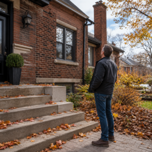 Homeowner checking Toronto masonry before winter.