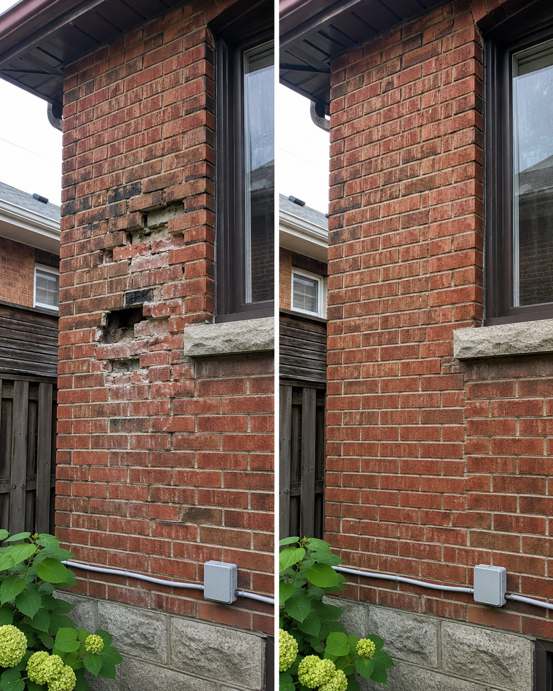 Matched replacement bricks blended into older Toronto masonry with similar colour and texture
