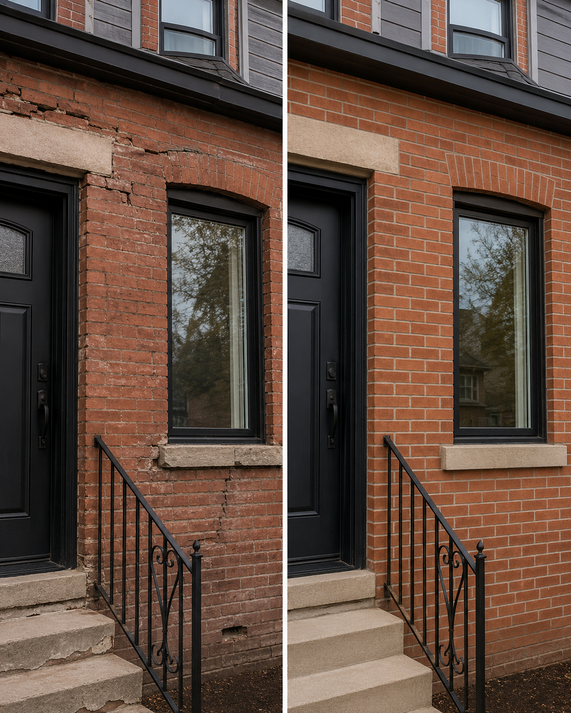 Brick repair around a residential window or door opening with restored masonry near the frame