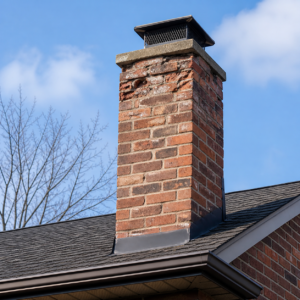 Brick chimney with spalling and weathered mortar joints in Toronto