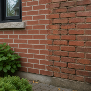 Brick wall showing repaired mortar joints beside older damaged joints