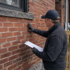 Older Toronto brick wall being checked for mortar joint wear.