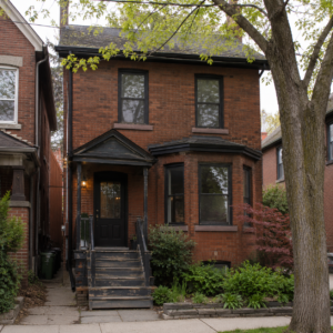 Older Toronto brick facade with aged mortar and weathered masonry.