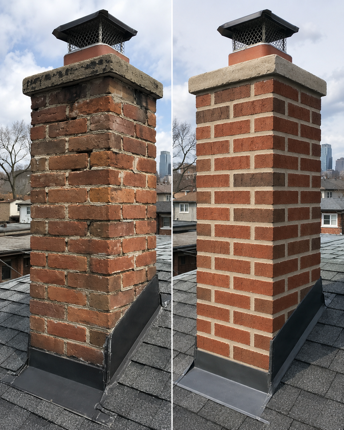 Repaired brick chimney on a Toronto home with restored mortar joints and damaged brick sections