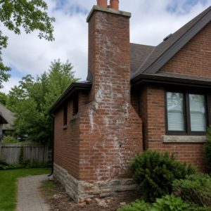 Chimney warning signs including staining cracked mortar and fallen masonry pieces