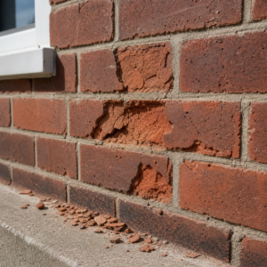 Close-up of spalled bricks with flaking faces and rough surfaces