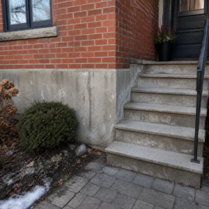 Concrete steps and lower masonry showing winter freeze-thaw wear