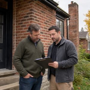 Homeowner reviewing a masonry repair plan with a Toronto contractor.