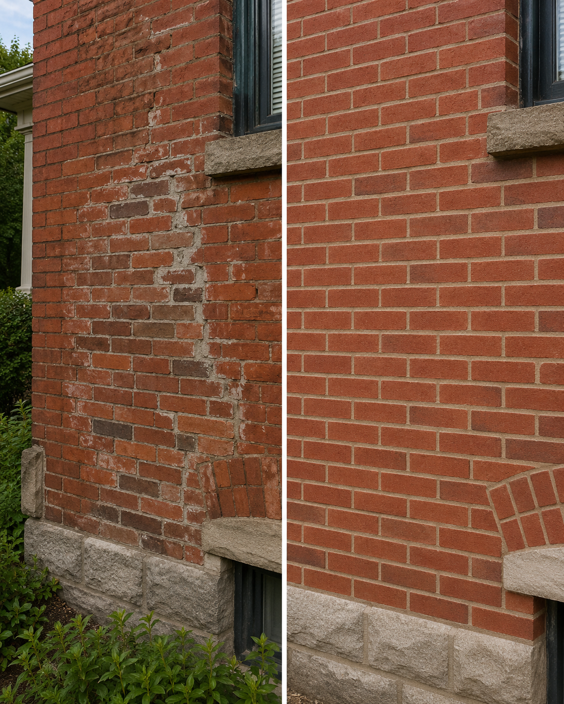 Poor mismatched brick repairs corrected with cleaner mortar and better matched masonry
