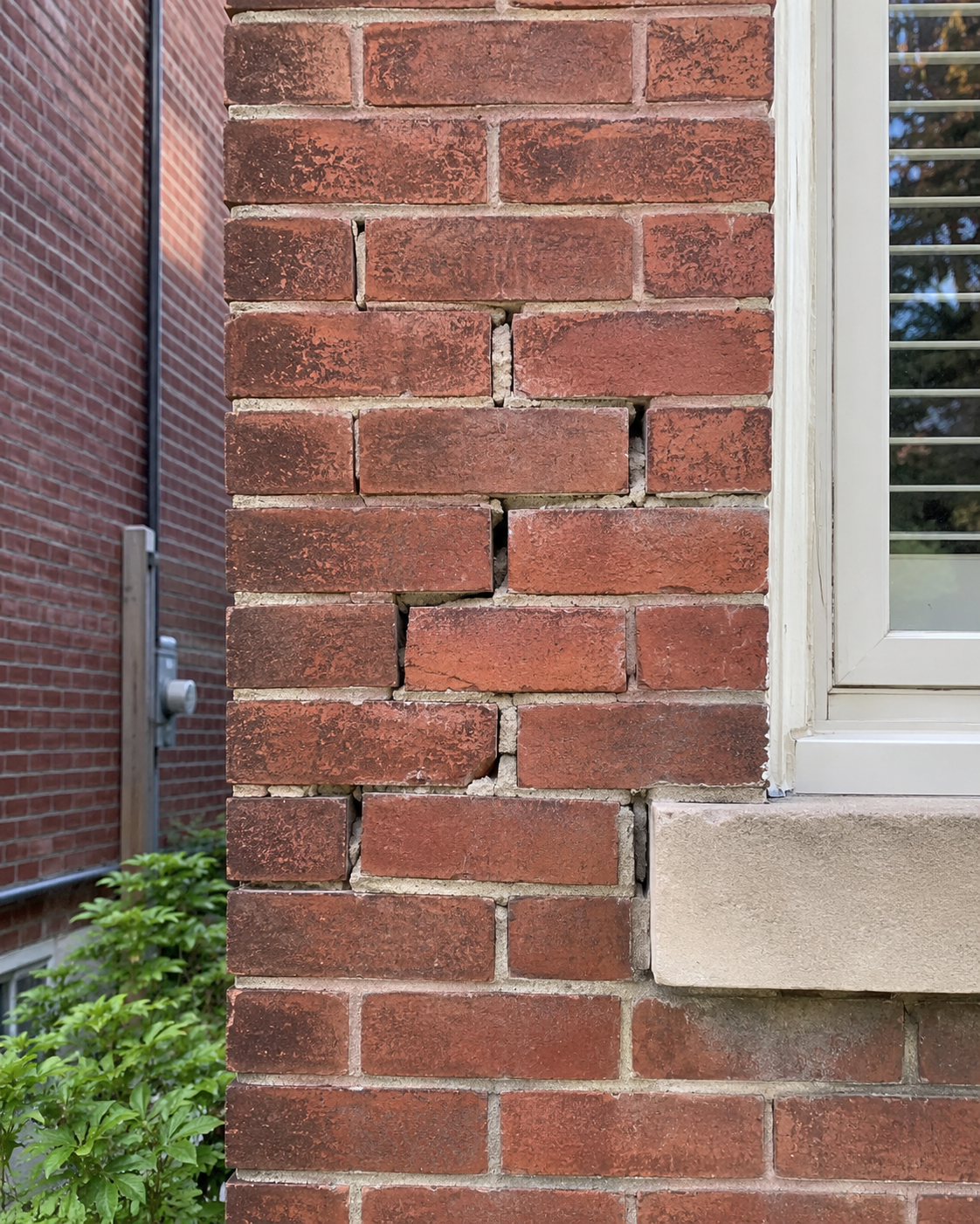 Cracked and loose brick section on an older residential wall with visible masonry movement
