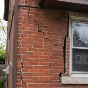 Structural brick damage with stair-step cracks near a window.