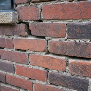 Deteriorated mortar joints on an older Toronto brick wall