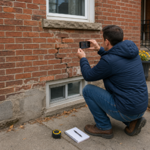 Homeowner documenting exterior brick damage from ground level.