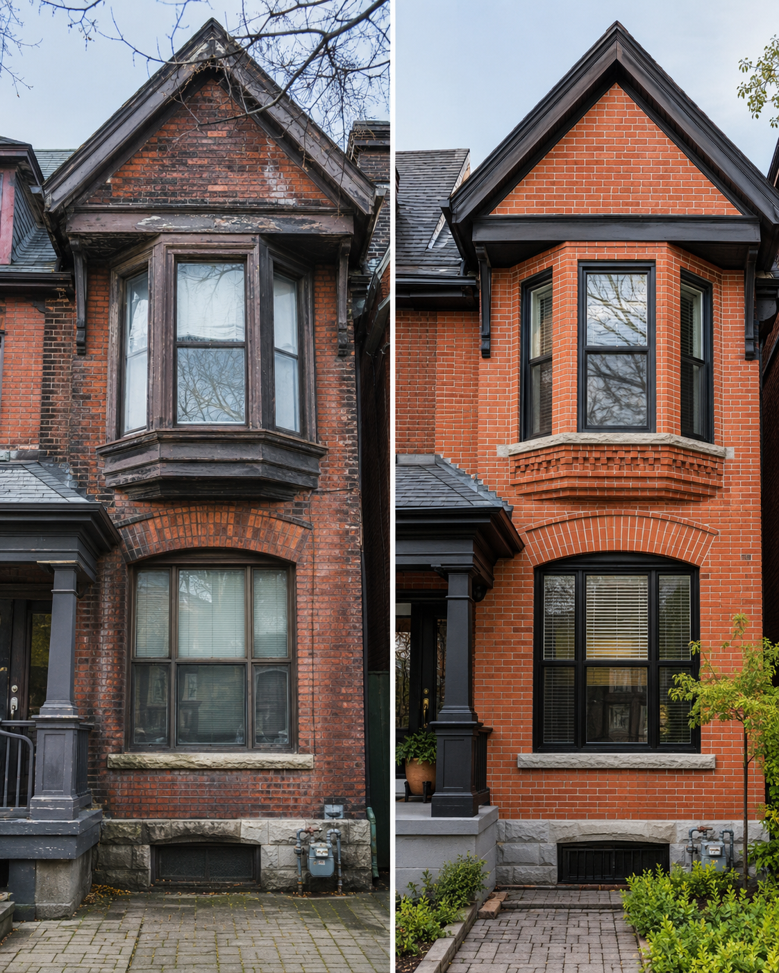 Restored red-brick facade on an older Toronto home with preserved heritage character