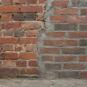 Hard mortar patch beside older brick with early edge damage