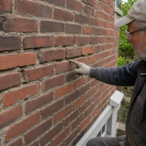 Crumbling mortar joints on an older Toronto brick wall.