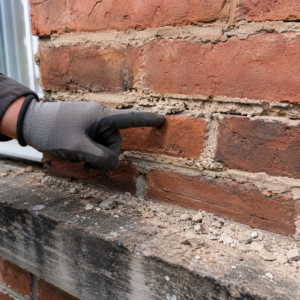 Crumbling powdery mortar joints between older bricks.
