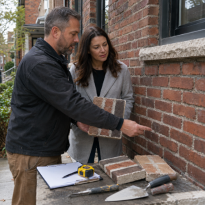 Masonry contractor reviewing brick and mortar repair scope with homeowner.