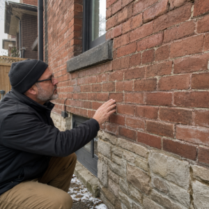 Older Toronto brick wall being reviewed for staining and weather wear.