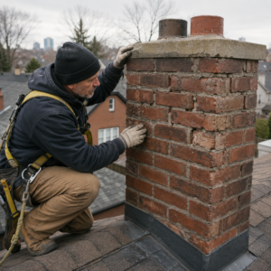 Mason inspecting a Toronto brick chimney for repair or restoration.