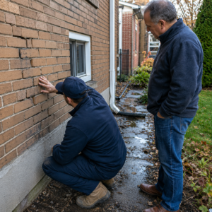 Mason assessing damaged brickwork and drainage near a Toronto home.