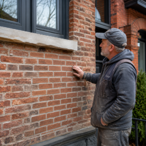 Older Toronto brick facade with restored brickwork and repointed joints.