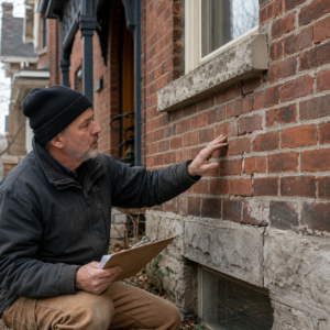 Mason inspecting older Toronto brickwork before repair.