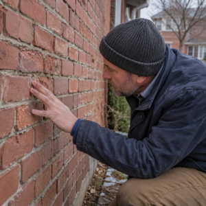 Spring inspection of winter-damaged brickwork in Toronto.