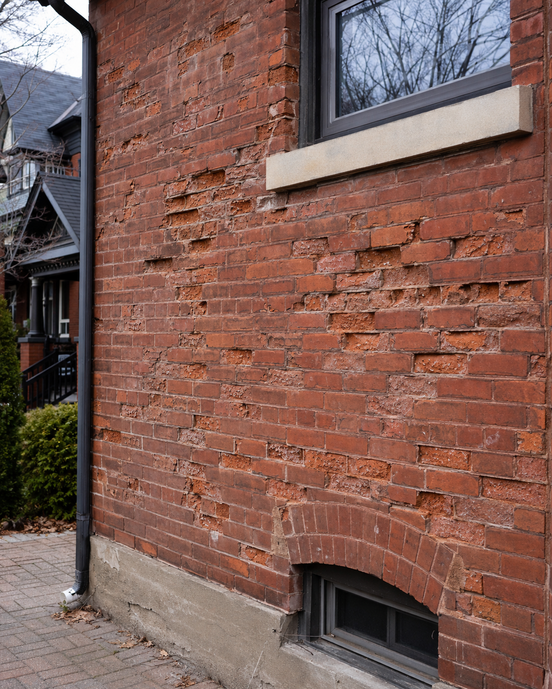 Large section of spalling brick on an older Toronto home with visible surface flaking and damage