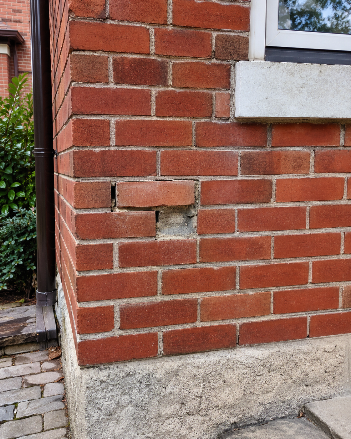 Residential brick wall with loose and missing bricks creating visible gaps in the masonry