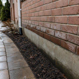 Lower brick wall exposed to water and snowmelt near grade