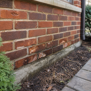 Lower brick wall showing moisture exposure and early brick spalling