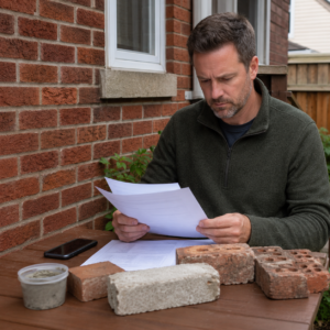 Homeowner reviewing masonry repair estimate details with brick and mortar samples.