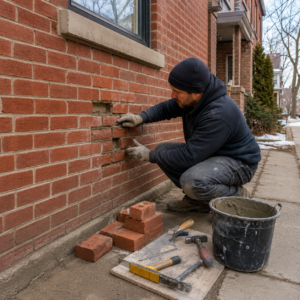 Mason repairing damaged brickwork and repointing mortar joints.