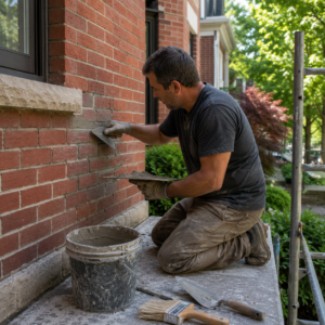 Mason repairing brickwork during mild summer weather in Toronto.