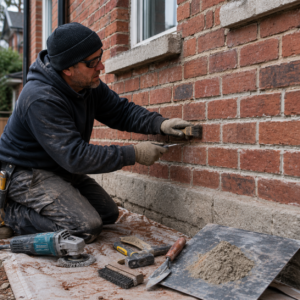 Mason preparing failing mortar joints for tuckpointing.