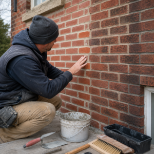 Mason reviewing repaired and cleaned brickwork on a Toronto home.