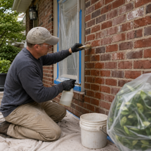 Gentle brick cleaning on a residential masonry wall.
