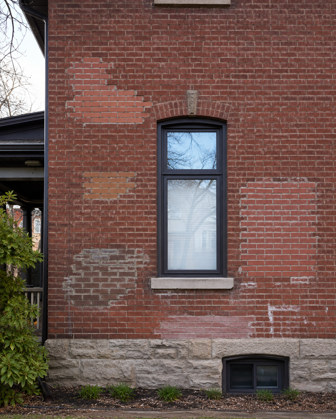 Older brick wall with patchy mismatched repairs using different brick and mortar colours