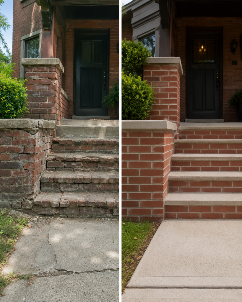 Front porch and entrance brick repair on a Toronto home with restored steps and masonry details