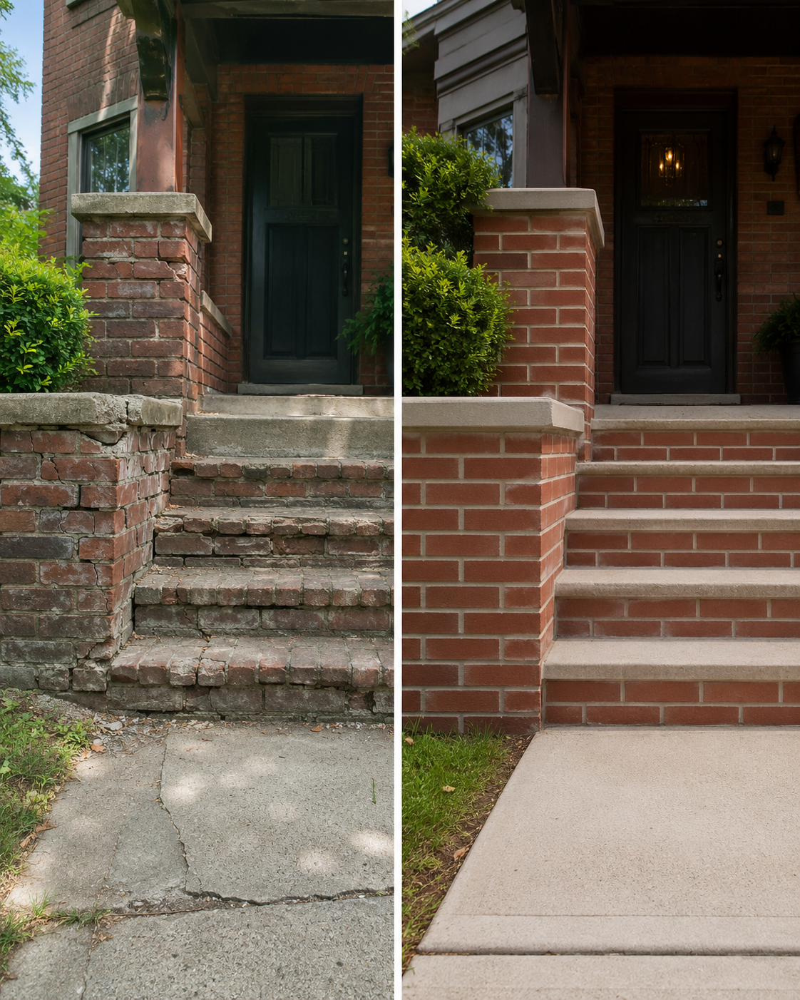Front porch and entrance brick repair on a Toronto home with restored steps and masonry details