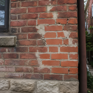 Mismatched old masonry repair on a Toronto brick wall.