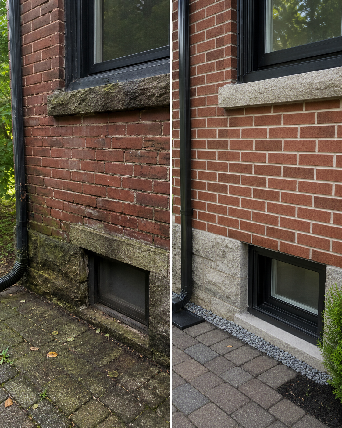 Brick restoration near a foundation area with moisture control and repaired mortar joints