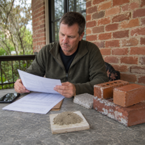 Homeowner documenting cracked brick and missing mortar before requesting an estimate.