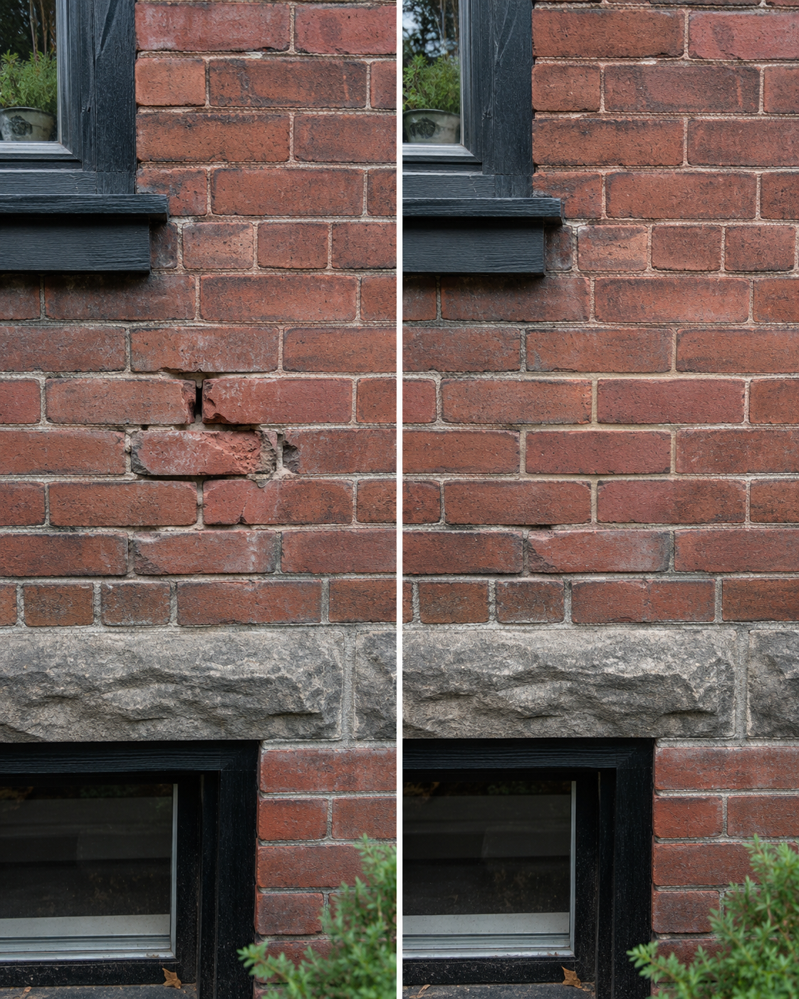 Selective brick replacement on an older Toronto wall with matched replacement bricks