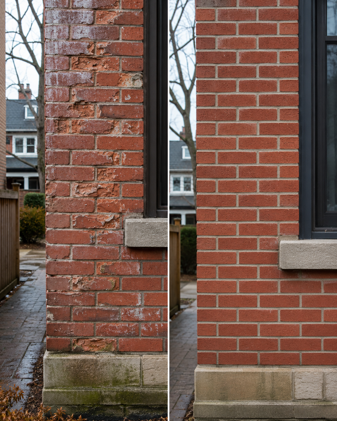 Toronto home exterior with repaired spalling bricks and visible freeze-thaw masonry damage