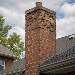 Toronto chimney showing repairable damage beside more severe deterioration