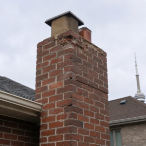Toronto chimney with freeze-thaw damage and cracked mortar joints
