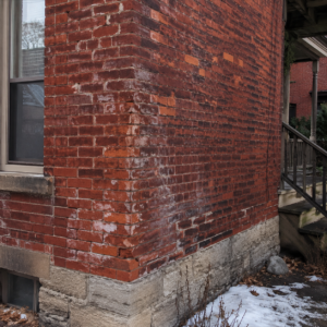 Older Toronto brick wall showing winter-related surface wear and mortar cracks.