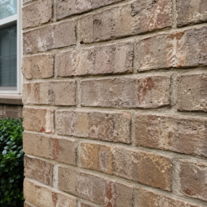 Close-up of cosmetic brick damage with small chips and light staining.